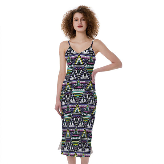 Colorful Geometric Native Navajo Print Slim Fit Midi Cami Dress