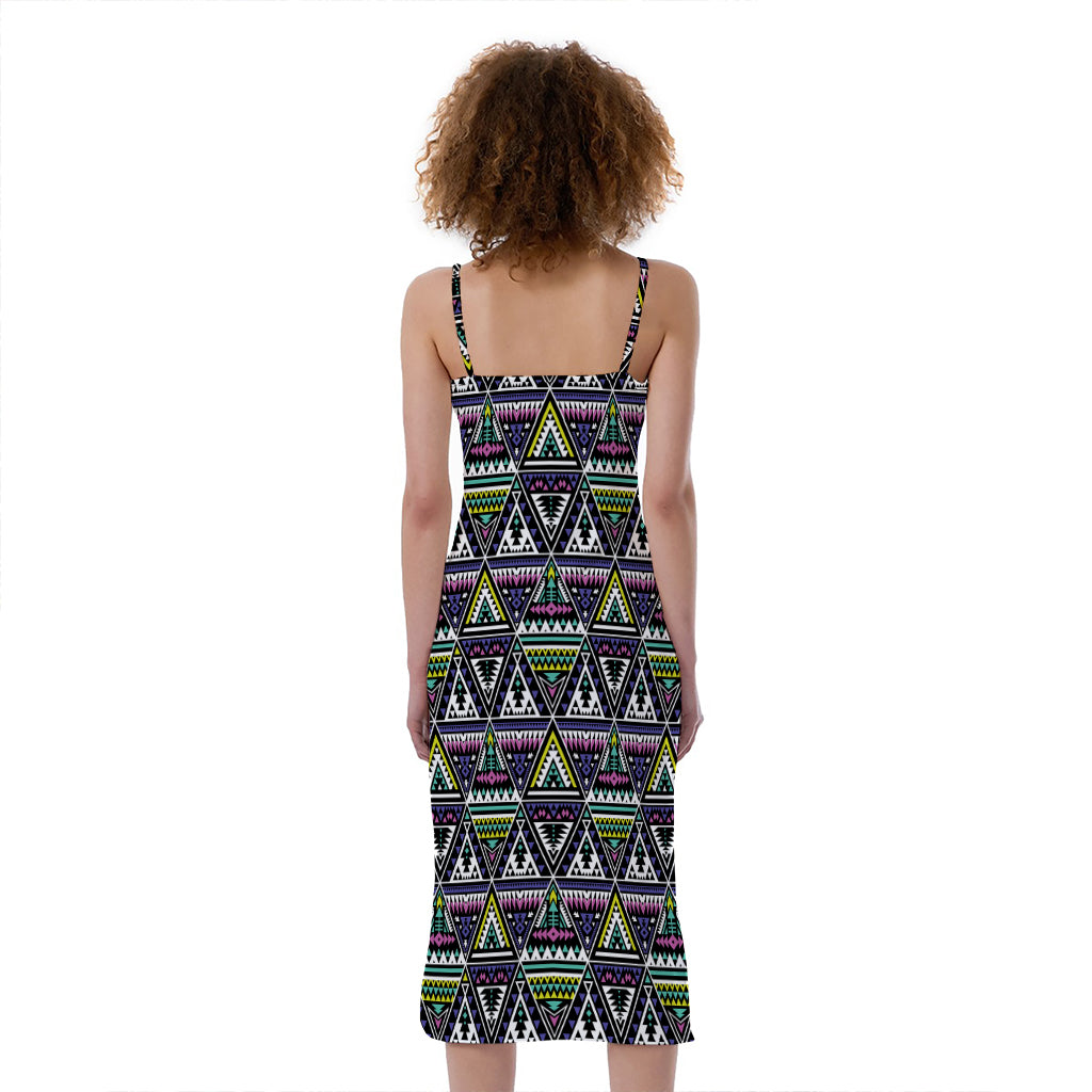 Colorful Geometric Native Navajo Print Slim Fit Midi Cami Dress
