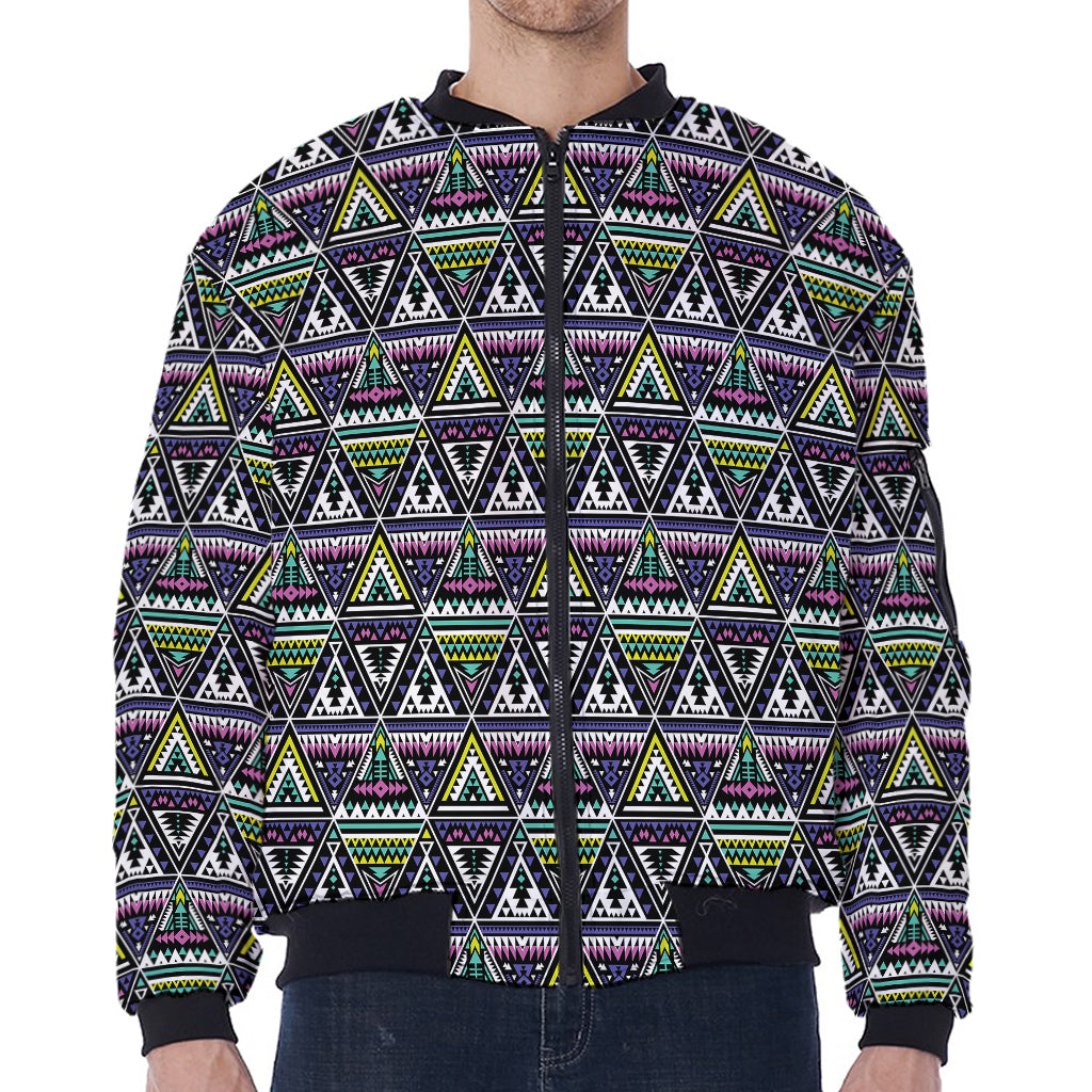 Colorful Geometric Native Navajo Print Zip Sleeve Bomber Jacket