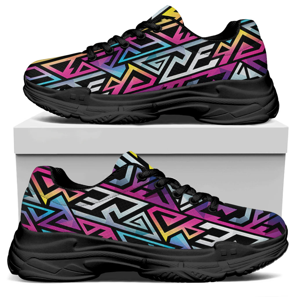 Colorful Geometric Tribal Pattern Print Black Chunky Shoes