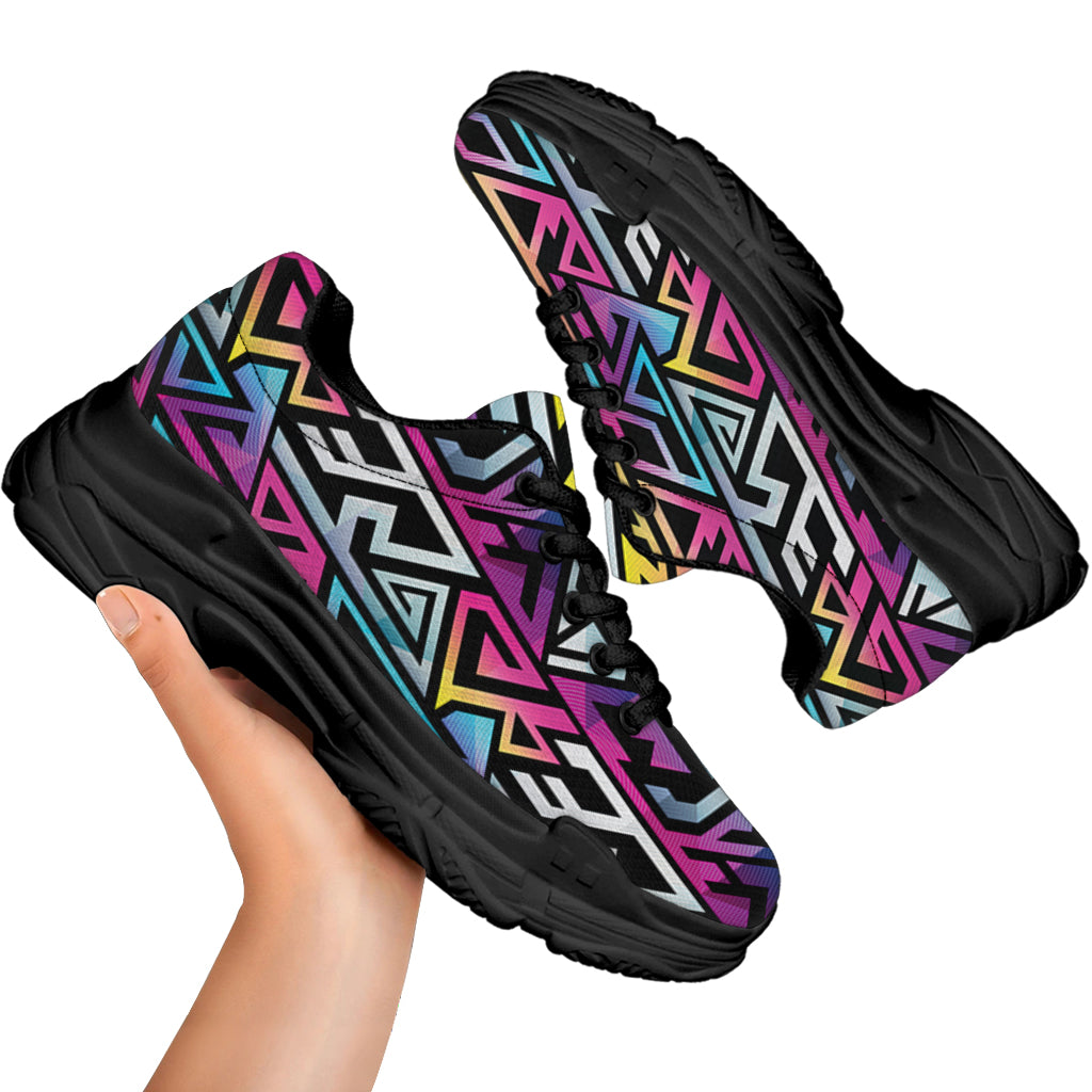 Colorful Geometric Tribal Pattern Print Black Chunky Shoes