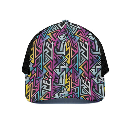 Colorful Geometric Tribal Pattern Print Black Mesh Trucker Cap
