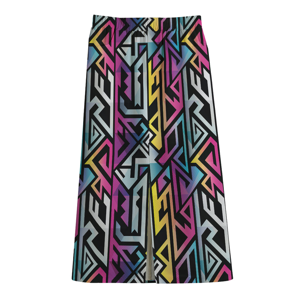 Colorful Geometric Tribal Pattern Print Cotton Front Slit Maxi Skirt