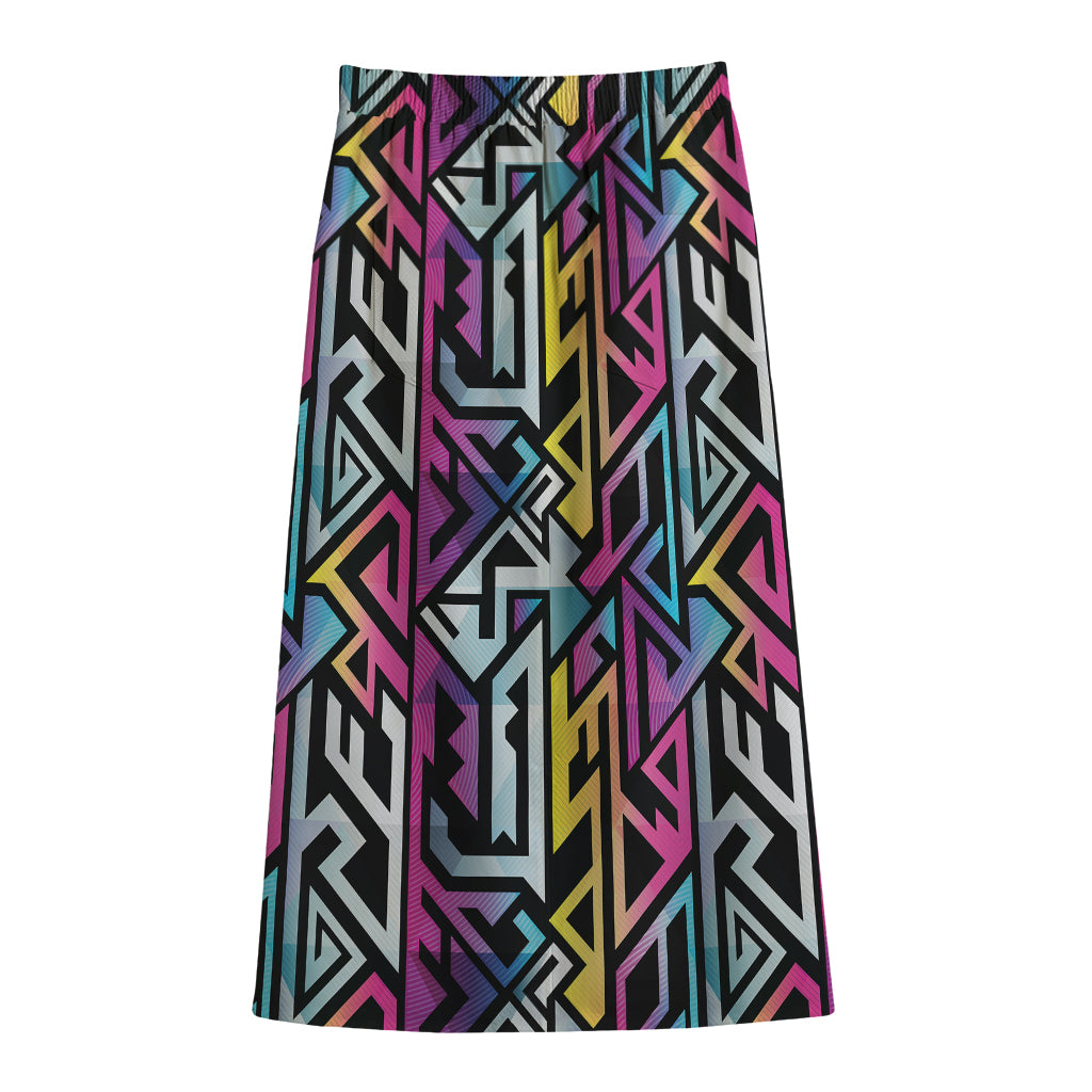 Colorful Geometric Tribal Pattern Print Cotton Front Slit Maxi Skirt