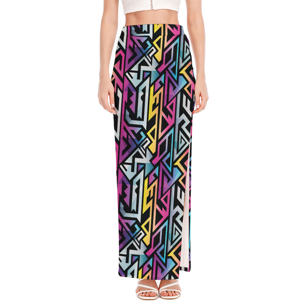 Colorful Geometric Tribal Pattern Print High Slit Maxi Skirt
