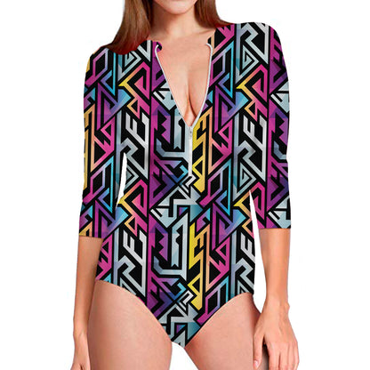 Colorful Geometric Tribal Pattern Print Long Sleeve Swimsuit