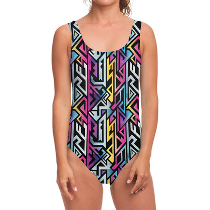 Colorful Geometric Tribal Pattern Print One Piece Swimsuit