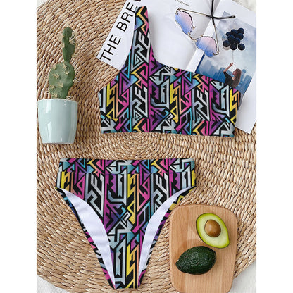 Colorful Geometric Tribal Pattern Print One Shoulder Bikini Top