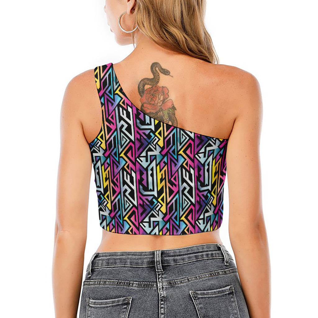 Colorful Geometric Tribal Pattern Print One Shoulder Crop Top