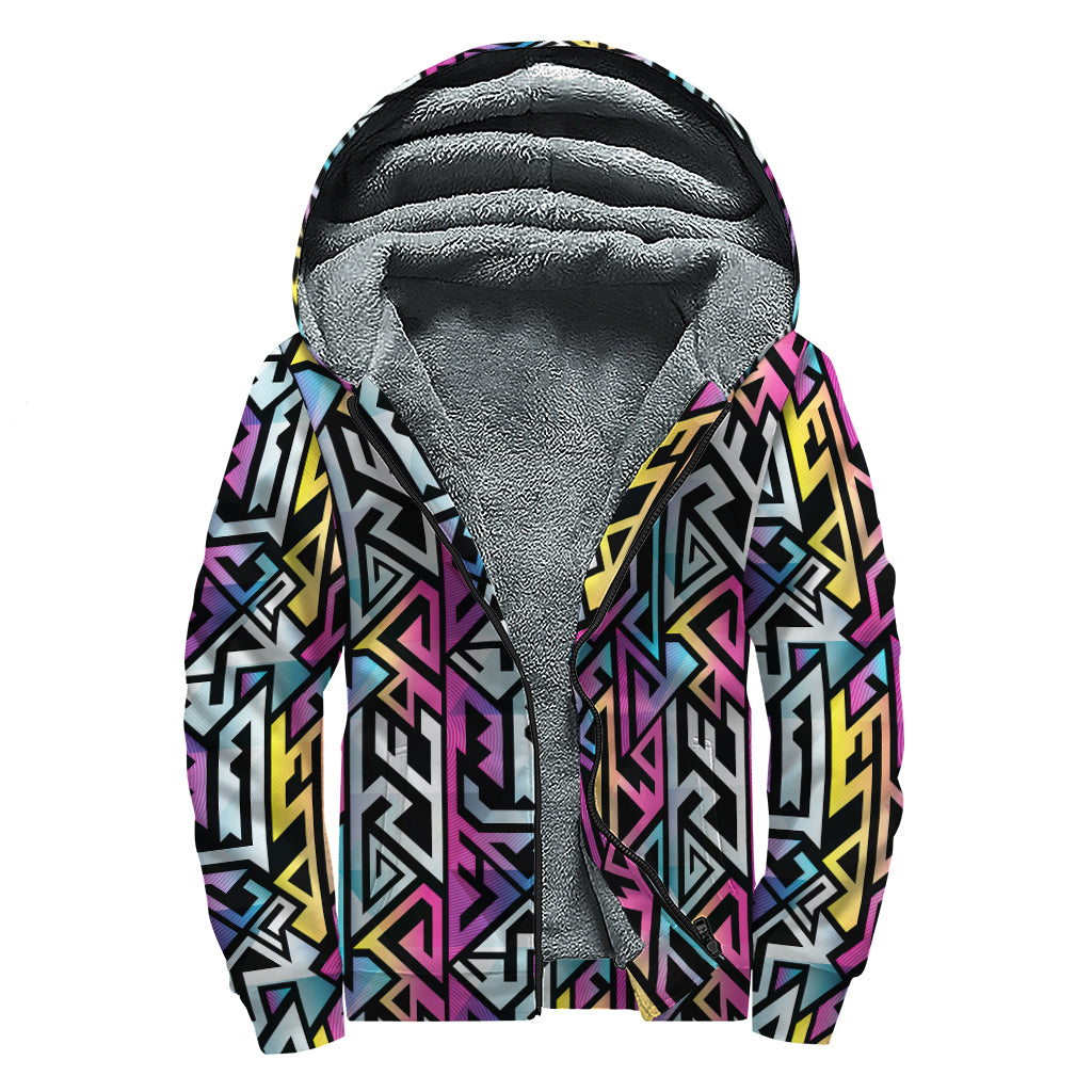 Colorful Geometric Tribal Pattern Print Sherpa Lined Zip Up Hoodie