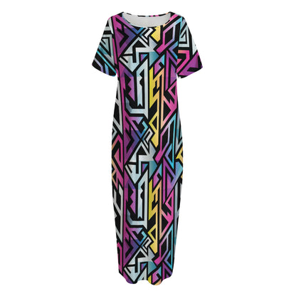 Colorful Geometric Tribal Pattern Print Short Sleeve Long Nightdress