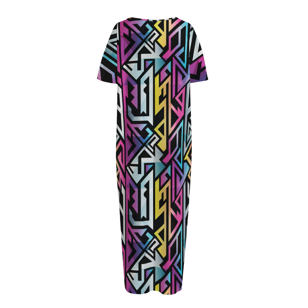 Colorful Geometric Tribal Pattern Print Short Sleeve Long Nightdress