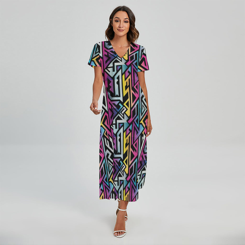 Colorful Geometric Tribal Pattern Print Short Sleeve Maxi Dress