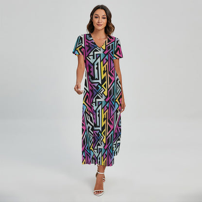 Colorful Geometric Tribal Pattern Print Short Sleeve Maxi Dress