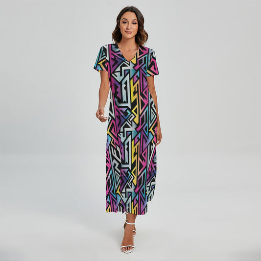 Colorful Geometric Tribal Pattern Print Short Sleeve Maxi Dress