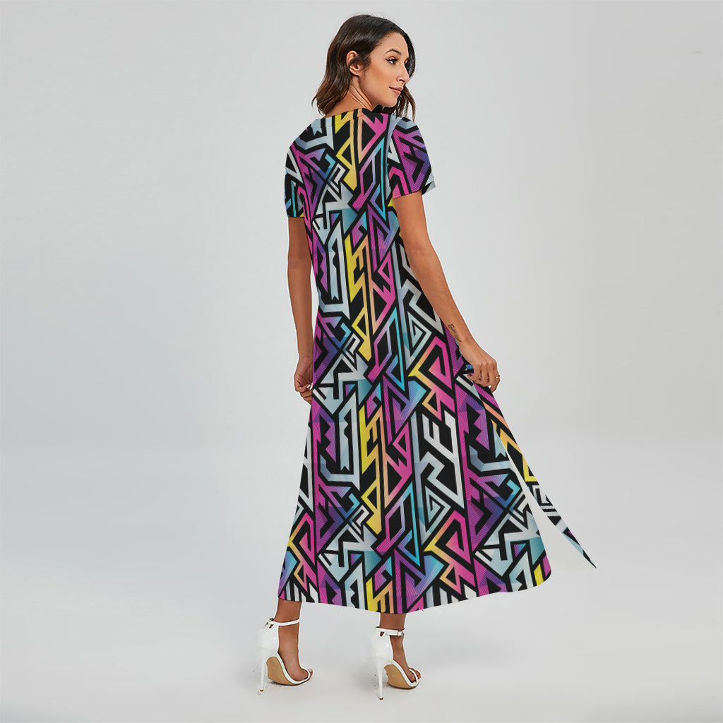 Colorful Geometric Tribal Pattern Print Short Sleeve Maxi Dress