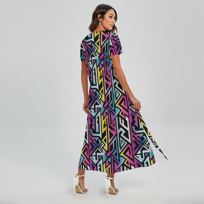 Colorful Geometric Tribal Pattern Print Short Sleeve Maxi Dress