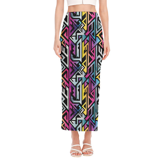 Colorful Geometric Tribal Pattern Print Side Slit Maxi Skirt