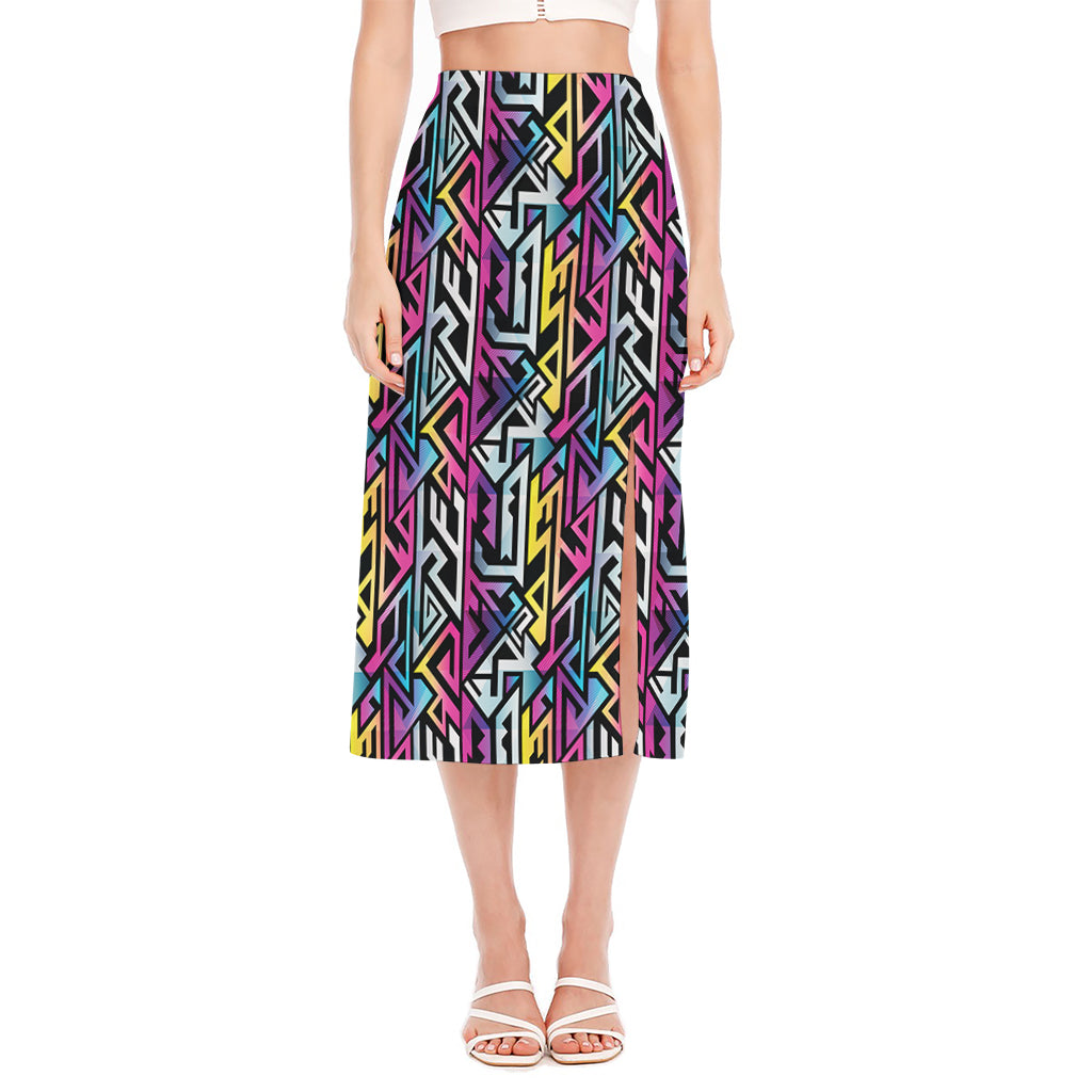 Colorful Geometric Tribal Pattern Print Side Slit Midi Skirt
