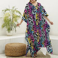 Colorful Geometric Tribal Pattern Print Silk V-Neck Kaftan Dress