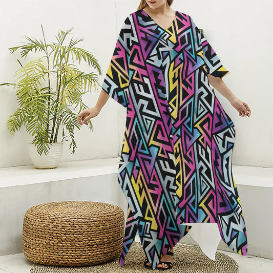 Colorful Geometric Tribal Pattern Print Silk V-Neck Kaftan Dress
