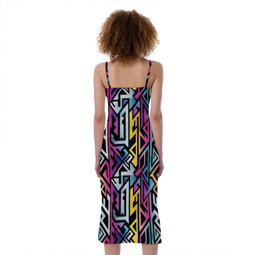 Colorful Geometric Tribal Pattern Print Slim Fit Midi Cami Dress