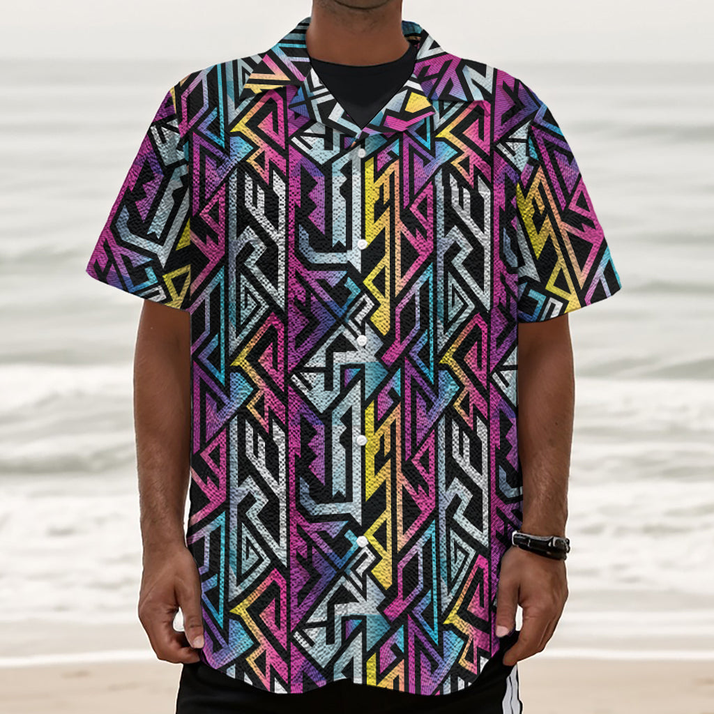 Colorful Geometric Tribal Pattern Print Textured Short Sleeve Shirt