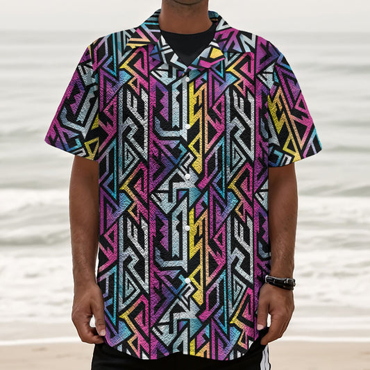 Colorful Geometric Tribal Pattern Print Textured Short Sleeve Shirt