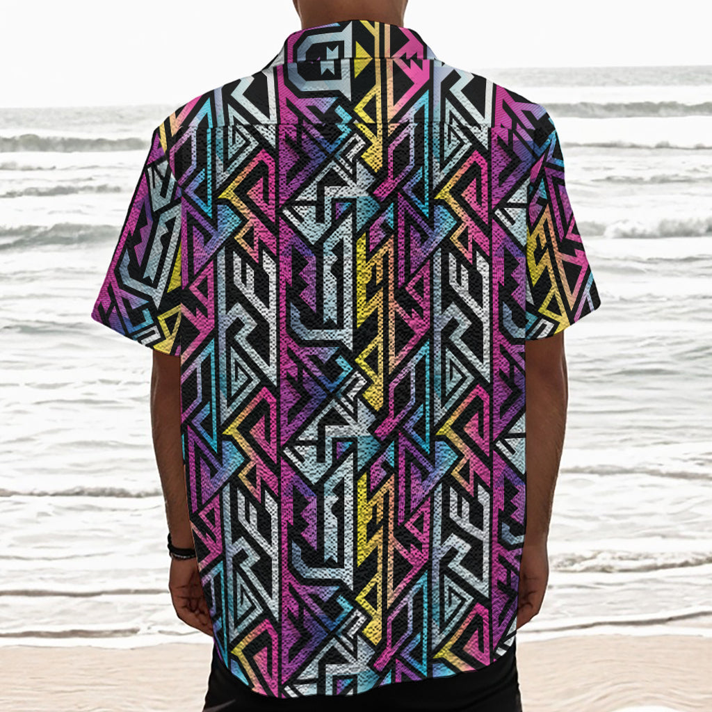 Colorful Geometric Tribal Pattern Print Textured Short Sleeve Shirt