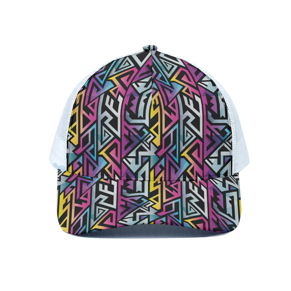 Colorful Geometric Tribal Pattern Print White Mesh Trucker Cap