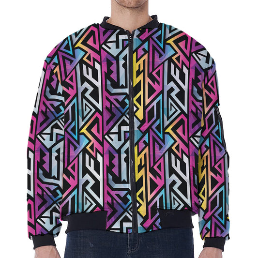 Colorful Geometric Tribal Pattern Print Zip Sleeve Bomber Jacket