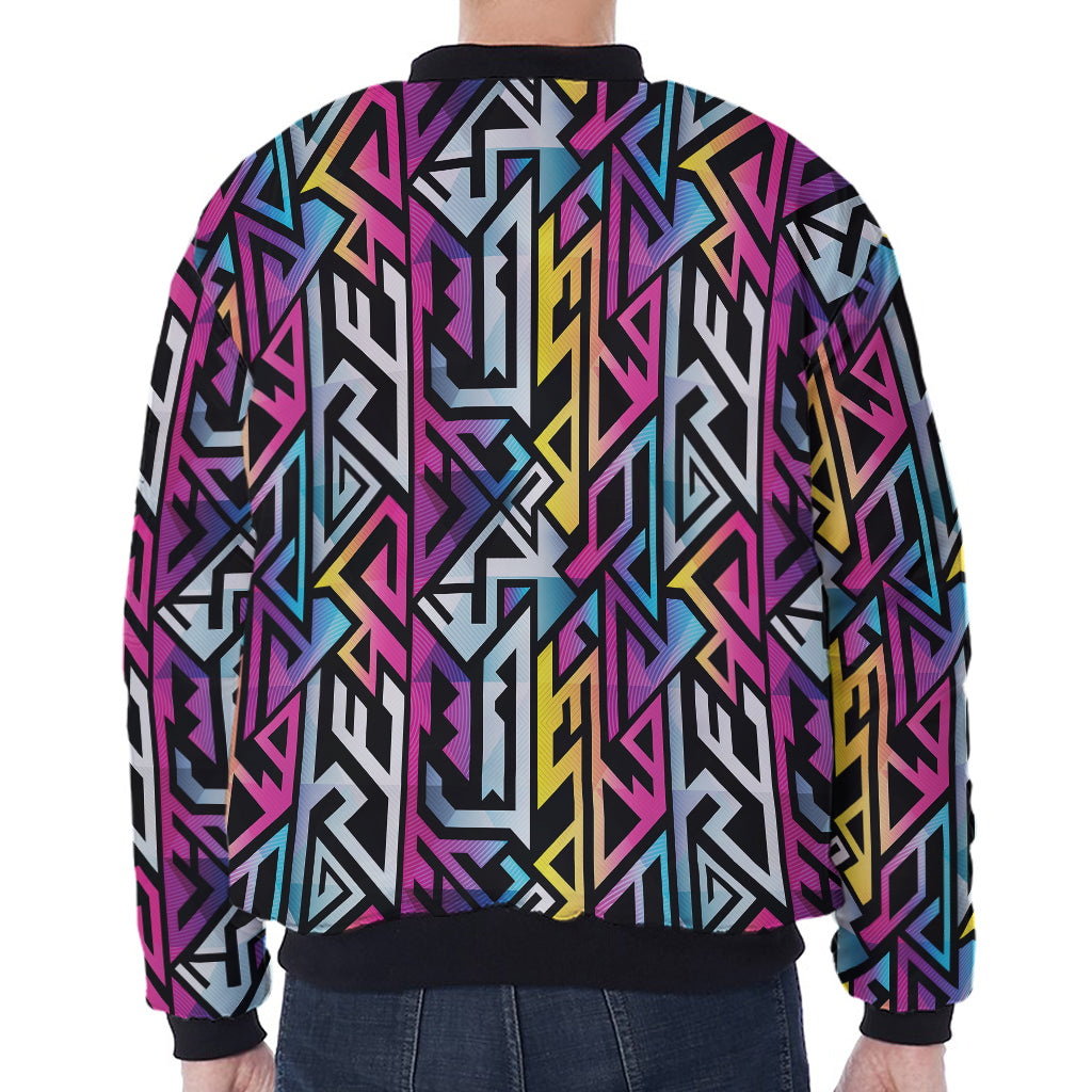 Colorful Geometric Tribal Pattern Print Zip Sleeve Bomber Jacket