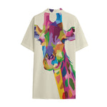 Colorful Giraffe Portrait Print Cotton Hawaiian Shirt
