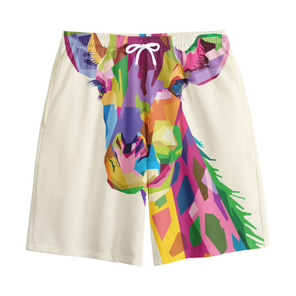 Colorful Giraffe Portrait Print Cotton Shorts