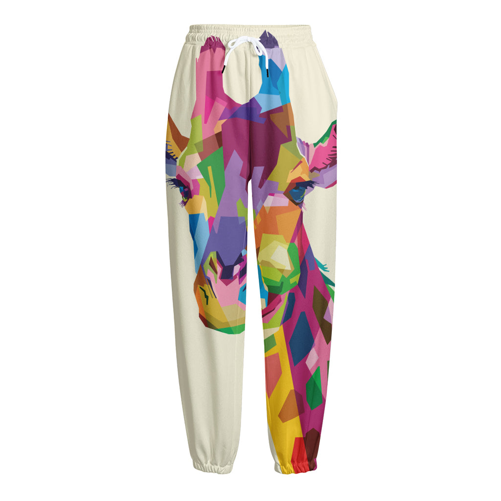 Colorful Giraffe Portrait Print Fleece Lined Knit Pants