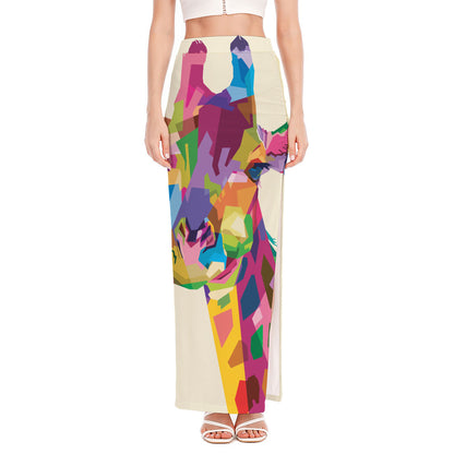 Colorful Giraffe Portrait Print High Slit Maxi Skirt