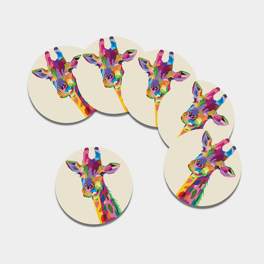Colorful Giraffe Portrait Print Leather Coaster Set