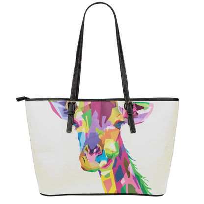 Colorful Giraffe Portrait Print Leather Tote Bag