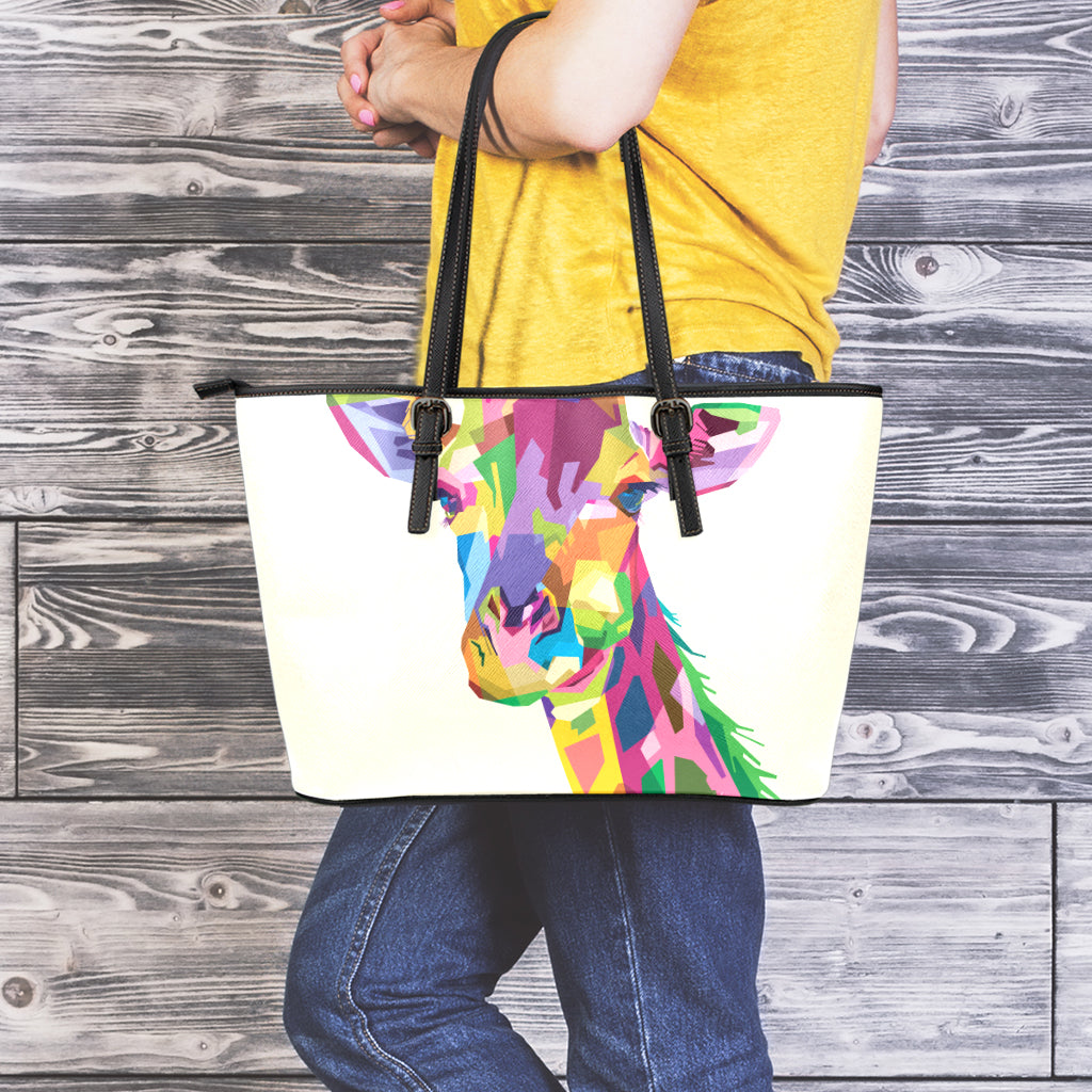 Colorful Giraffe Portrait Print Leather Tote Bag