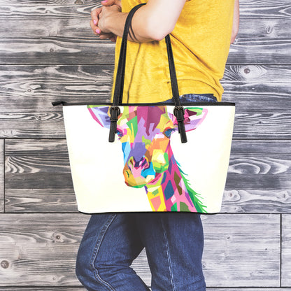 Colorful Giraffe Portrait Print Leather Tote Bag