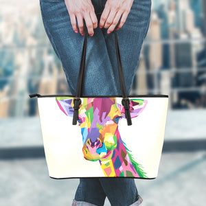 Colorful Giraffe Portrait Print Leather Tote Bag