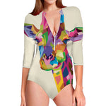 Colorful Giraffe Portrait Print Long Sleeve Swimsuit