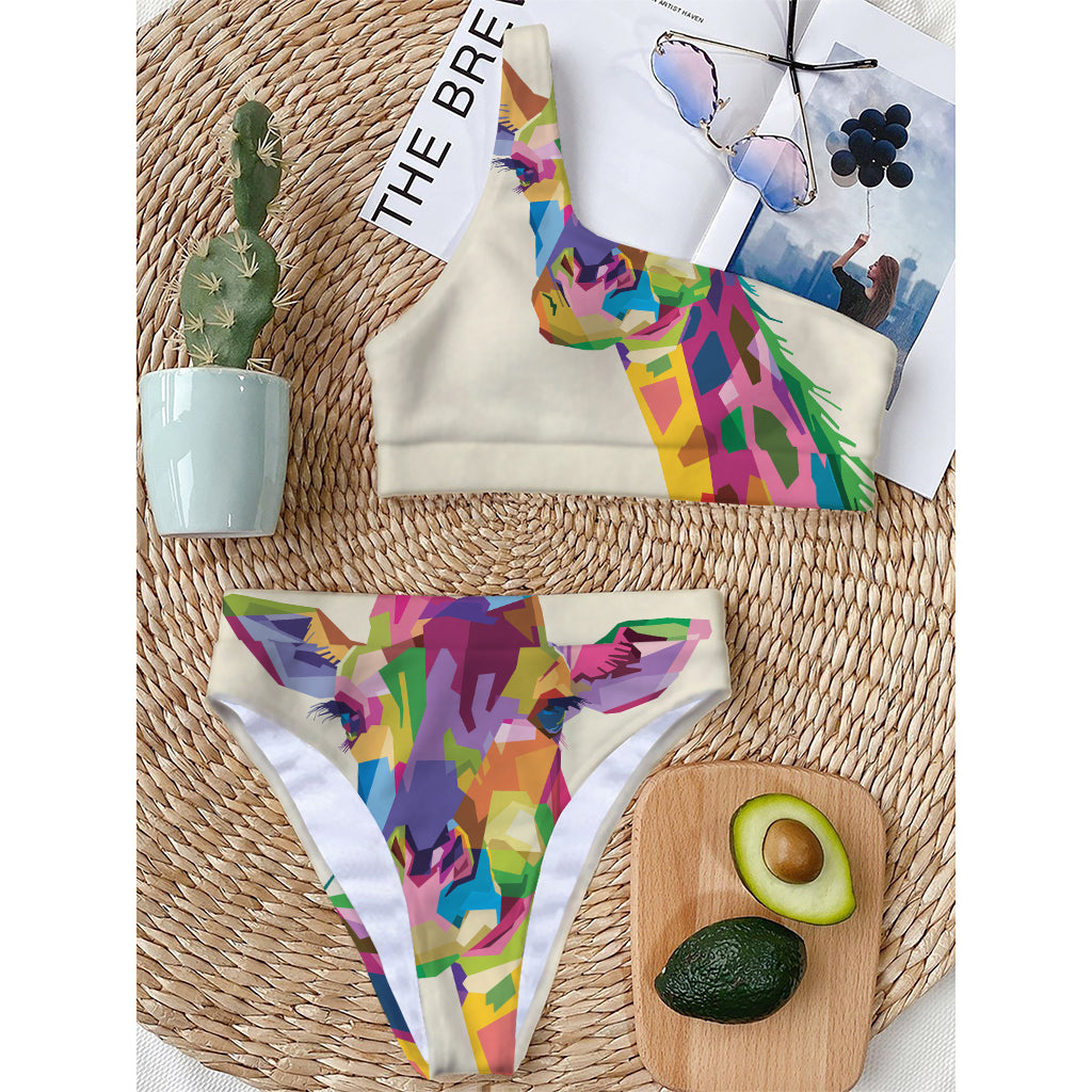 Colorful Giraffe Portrait Print One Shoulder Bikini Top
