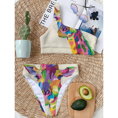 Colorful Giraffe Portrait Print One Shoulder Bikini Top