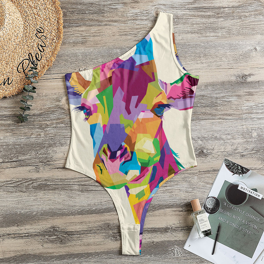 Colorful Giraffe Portrait Print One Shoulder Bodysuit