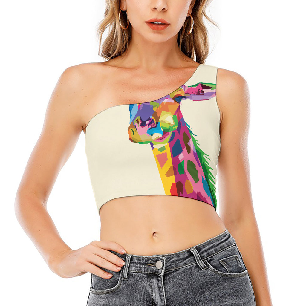 Colorful Giraffe Portrait Print One Shoulder Crop Top