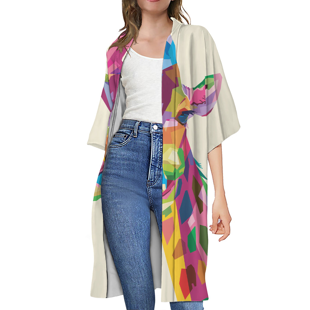 Colorful Giraffe Portrait Print Open Front Beach Cover Up