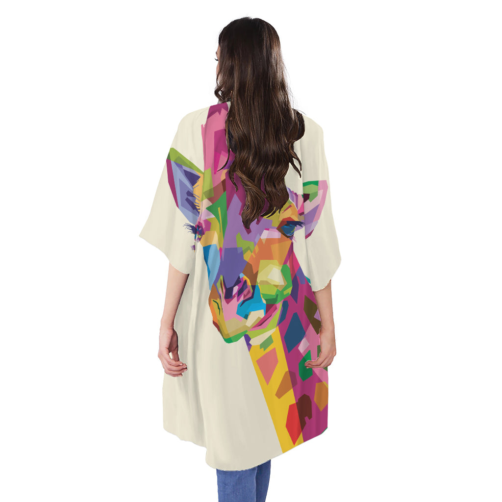 Colorful Giraffe Portrait Print Open Front Beach Cover Up