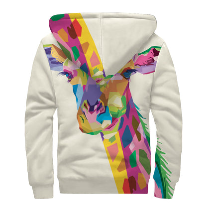 Colorful Giraffe Portrait Print Sherpa Lined Zip Up Hoodie