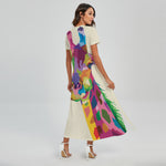 Colorful Giraffe Portrait Print Short Sleeve Maxi Dress